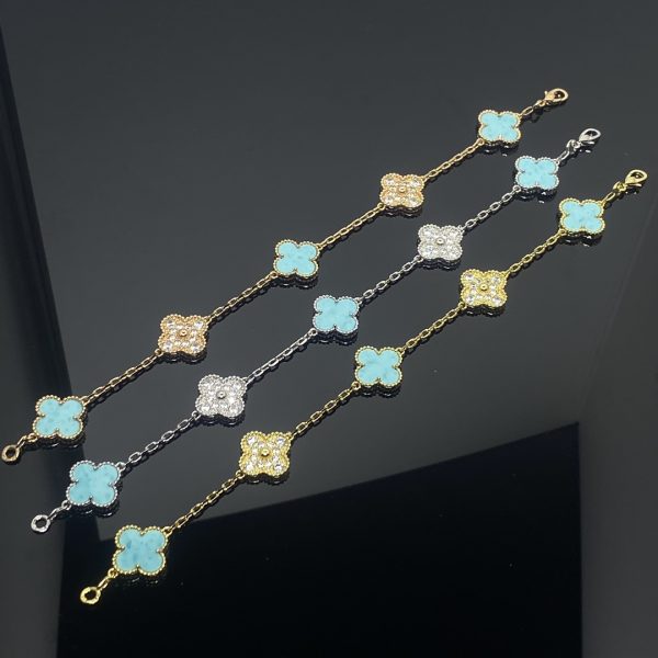 Van Cleef & Arpels CLOVER 5 MOTIF TURQUOISE DIAMOND GOLD BRACELET