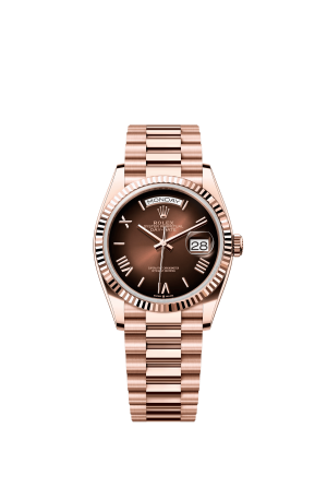 The Oyster Perpetual Day-Date 36 in 18 ct Everose gold with a graduated brown dial, fluted bezel and President bracelet. -m128235-0075
