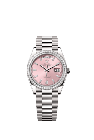 The Oyster Perpetual Day-Date 36 in 18 ct white gold with a diamond-set pink dial, diamond-set bezel and President bracelet. -m128349rbr-0053