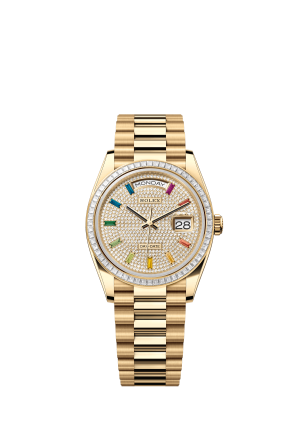 The Oyster Perpetual Day-Date 36 in 18 ct yellow gold with a diamond-paved dial, diamond-set bezel and President bracelet. -m128398tbr-0012