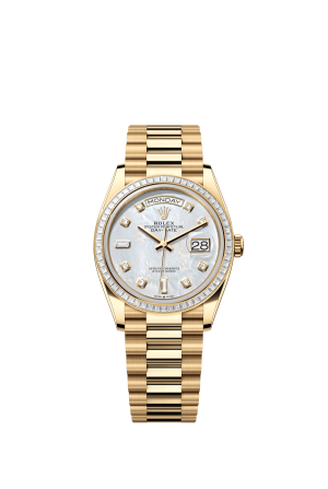 The Oyster Perpetual Day-Date 36 in 18 ct yellow gold with a diamond-set white mother-of-pearl dial, diamond-set bezel and President bracelet. -m128398tbr-0004