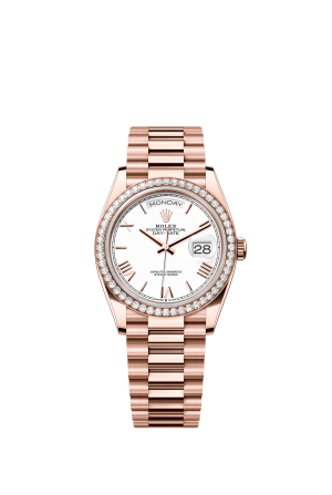 The Oyster Perpetual Day-Date 36 in 18-carat Everose gold with a white dial, diamond-set bezel and President bracelet. -m128345rbr-0070