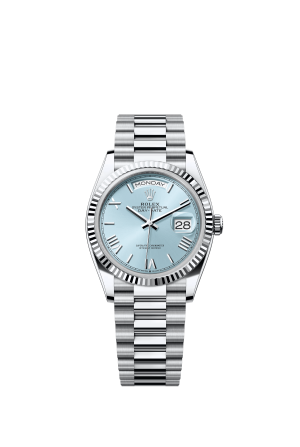 The Oyster Perpetual Day-Date 36 in platinum with an ice-blue dial, fluted bezel and President bracelet. -m128236-0018