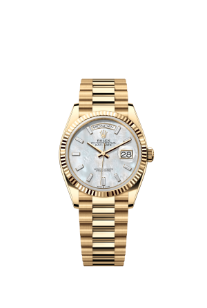 The Oyster Perpetual Day-Date 36 is available in 18 ct yellow gold with a white mother-of-pearl dial set with diamonds, a fluted bezel and a President bracelet. -m128238-0123