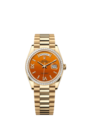 The Oyster Perpetual Day-Date 36 in 18 ct yellow gold with a diamond-set carnelian dial, diamond-set bezel and President bracelet. -m128398tbr-0018