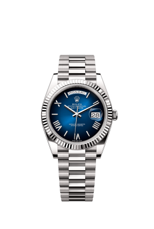 The Oyster Perpetual Day-Date 40 in 18 ct white gold with a gradient blue dial, fluted bezel and President bracelet. -m228239-0076
