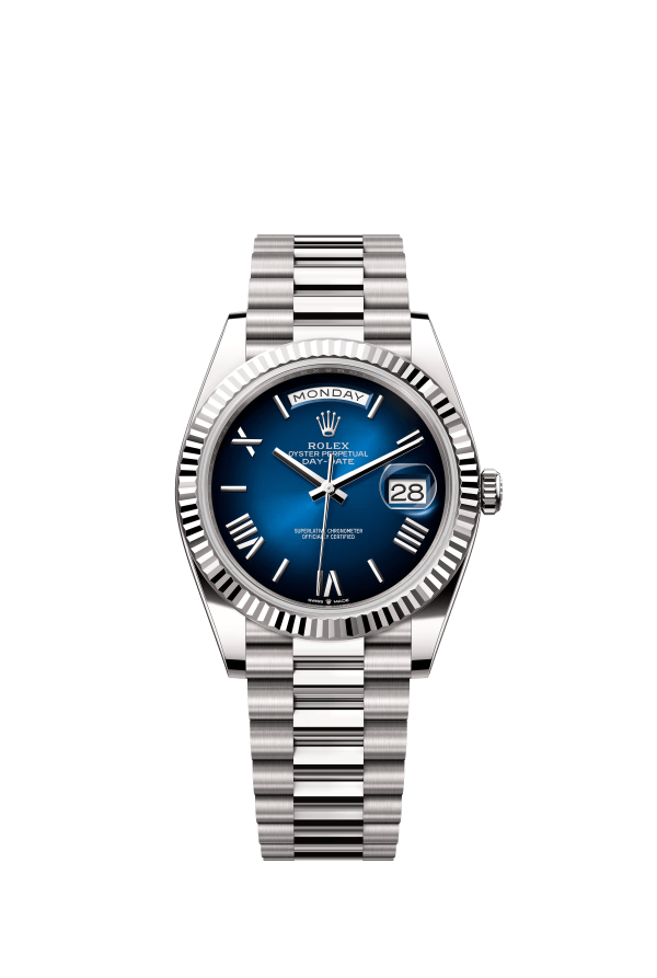 The Oyster Perpetual Day-Date 40 in 18 ct white gold with a gradient blue dial, fluted bezel and President bracelet. -m228239-0076