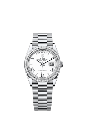 The Oyster Perpetual Day-Date 36 in platinum with a white dial, diamond-set bezel and President bracelet. -m128396tbr-0018